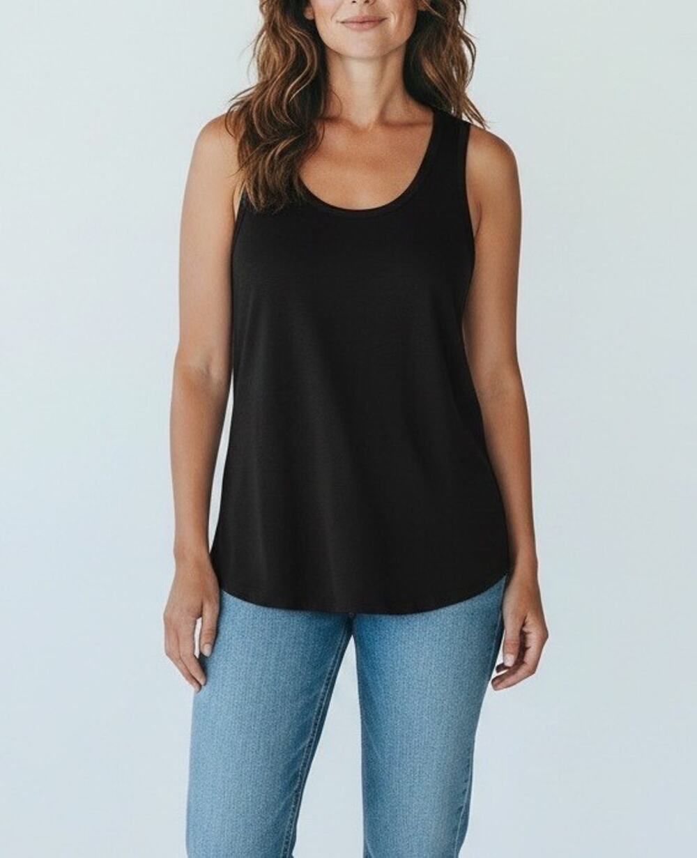 White House Black Market WHBM Solid Black Swing Round Neck Tank Top Large